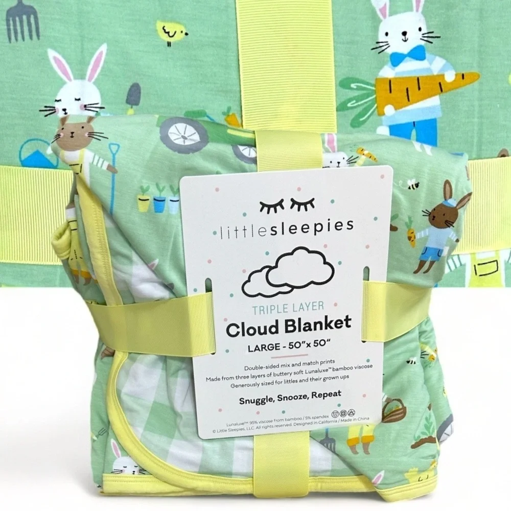 New Little Sleepies Easter Cloud Blanket RARE Bunny Carrot Garden Lg Reversible